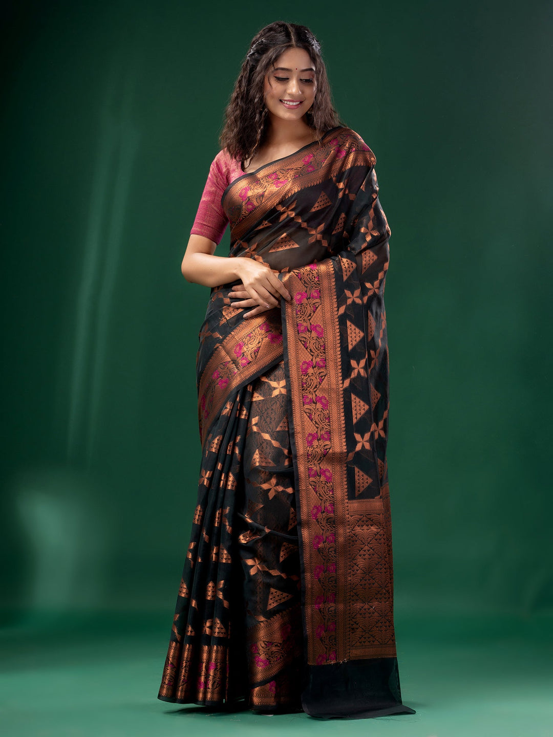 CHARUKRITI Black Cotton Silk Saree with Woven Design with Unstitched Blouse