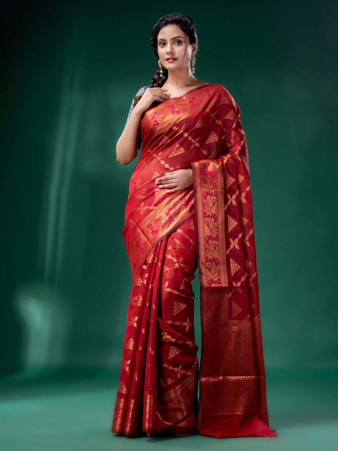 CHARUKRITI Red Cotton Silk Saree with Woven Design with Unstitched Blouse