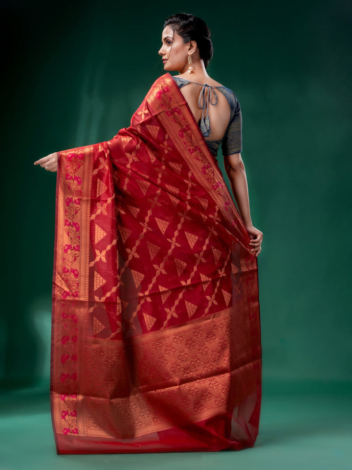 CHARUKRITI Red Cotton Silk Saree with Woven Design with Unstitched Blouse