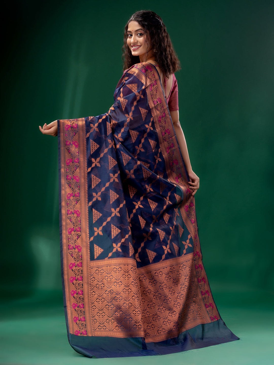 CHARUKRITI Navy Blue Cotton Silk Saree with Woven Design with Unstitched Blouse
