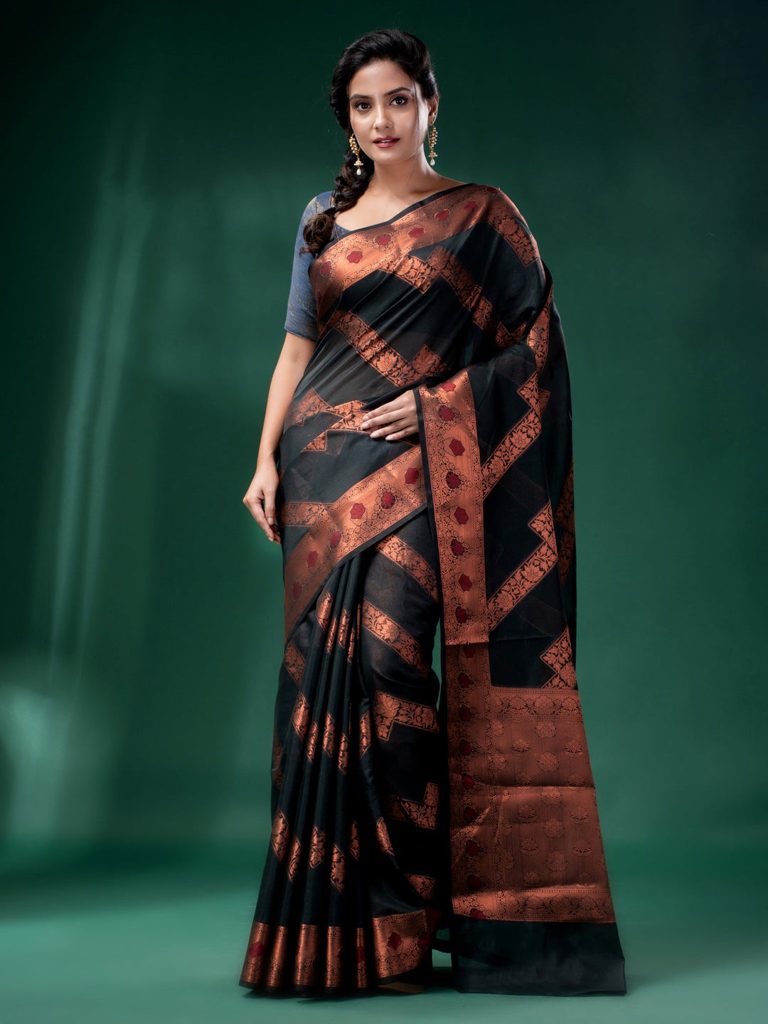 CHARUKRITI Bottle Green Cotton Silk Saree with Woven Design with Unstitched Blouse