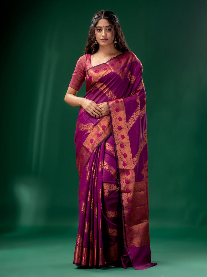 CHARUKRITI Magenta Cotton Silk Saree with Woven Design with Unstitched Blouse