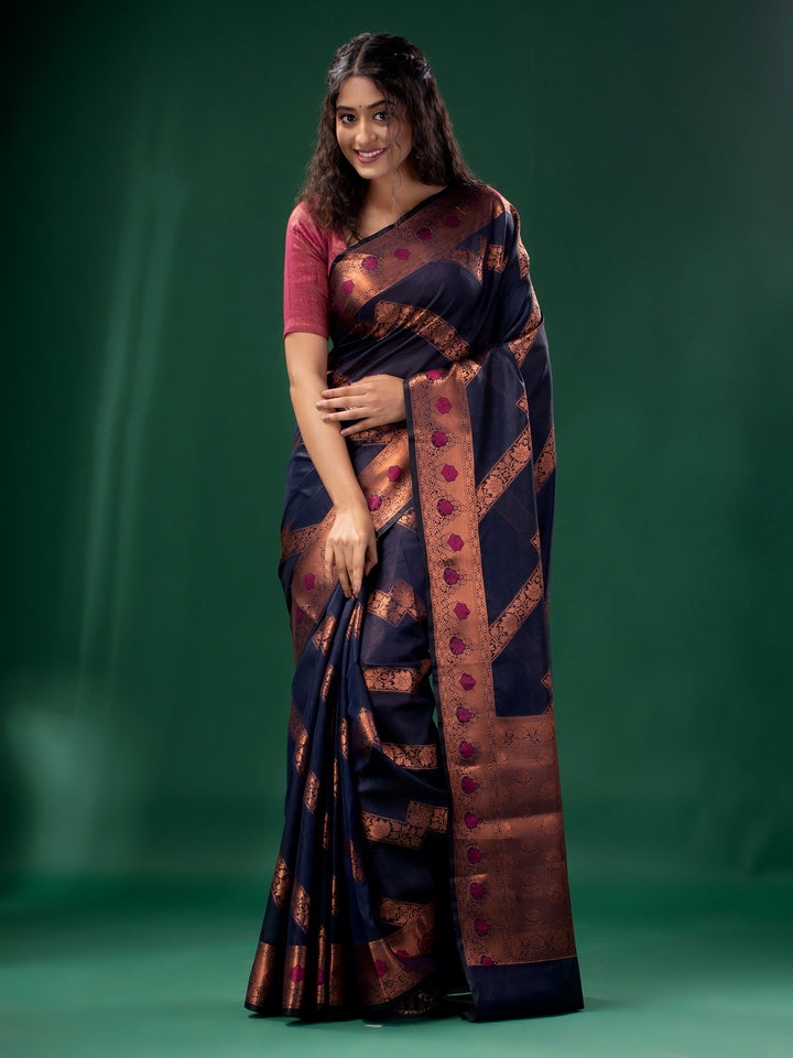 CHARUKRITI Navy Blue Cotton Silk Saree with Woven Design with Unstitched Blouse