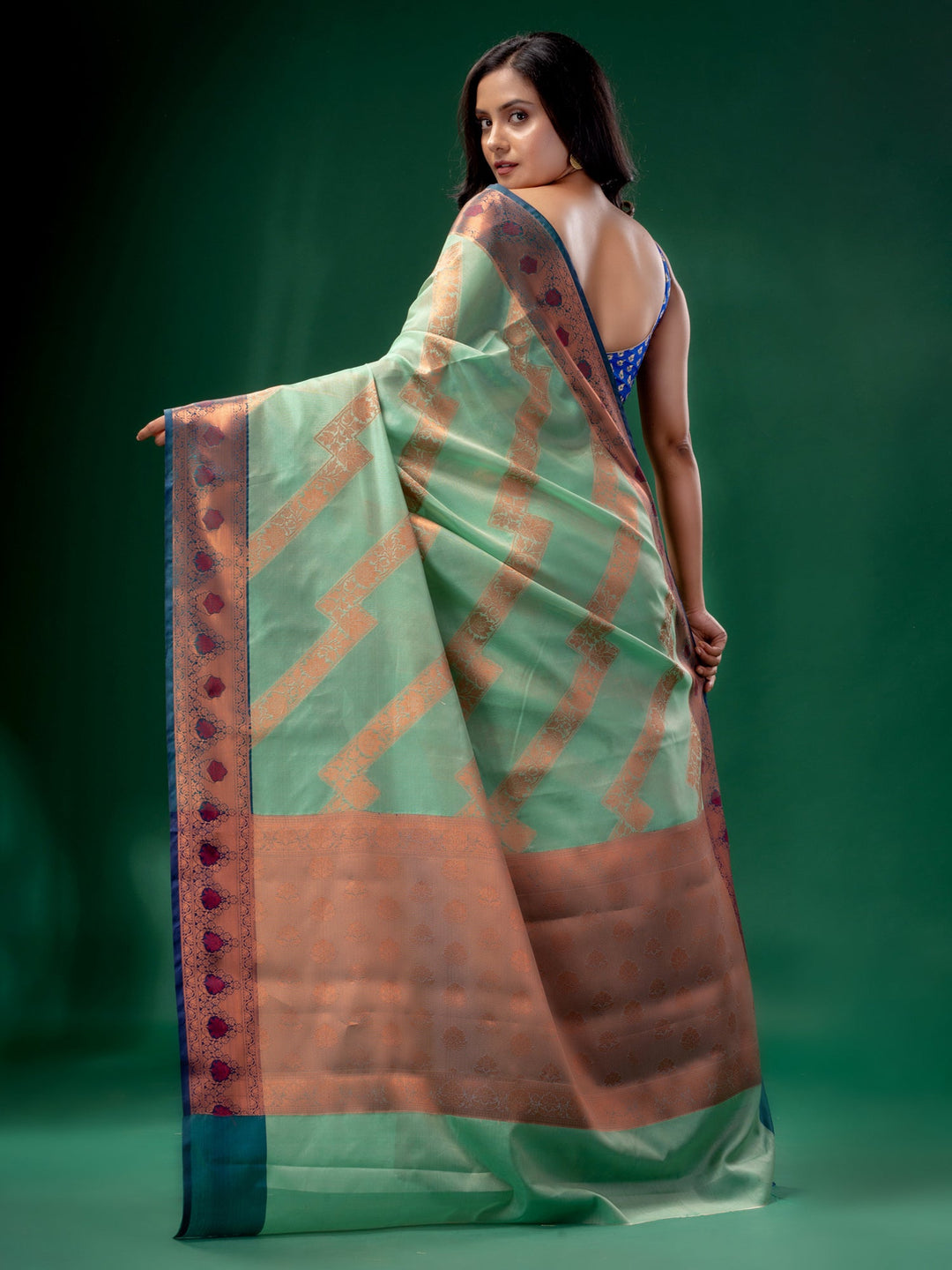 CHARUKRITI Sea Green Cotton Silk Saree with Woven Design with Unstitched Blouse