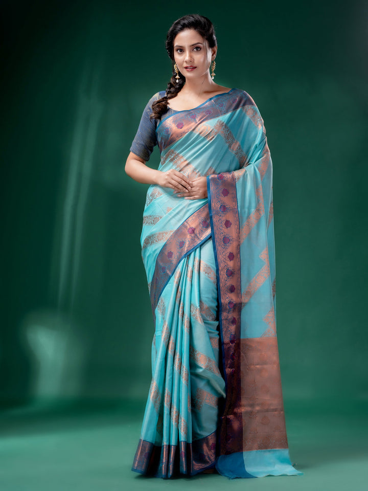 CHARUKRITI Sky Blue Cotton Silk Saree with Woven Design with Unstitched Blouse