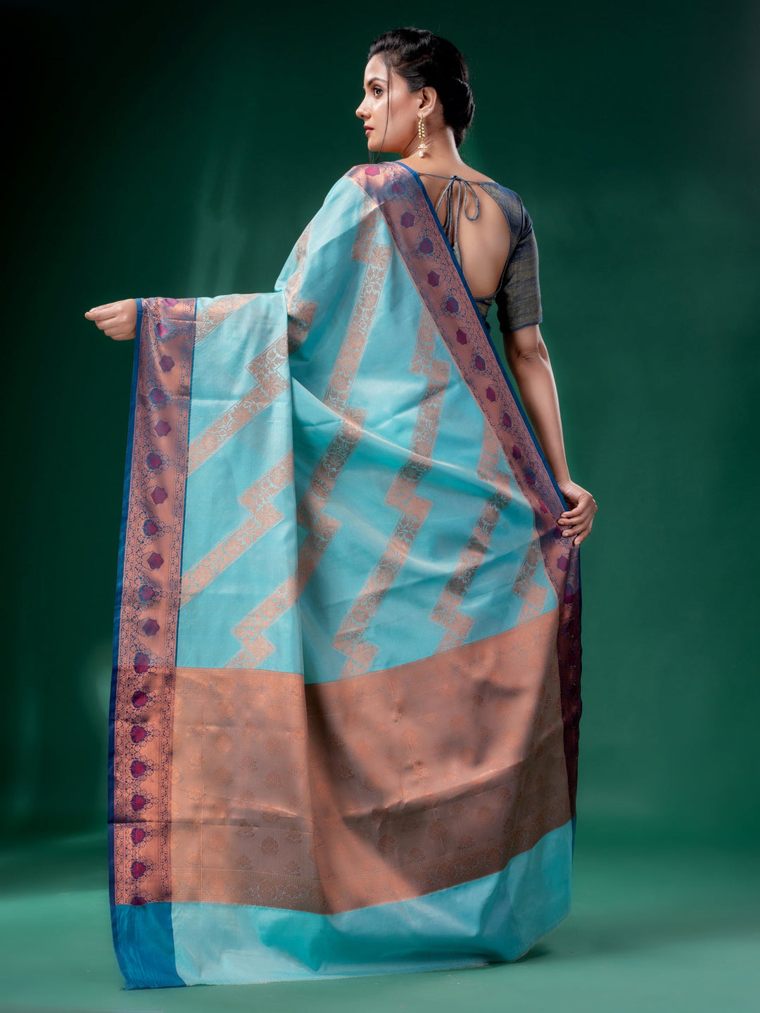 CHARUKRITI Sky Blue Cotton Silk Saree with Woven Design with Unstitched Blouse