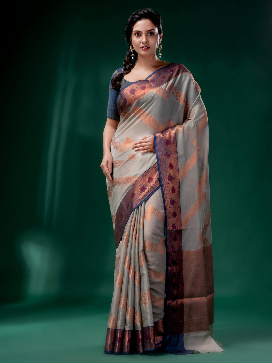 CHARUKRITI Grey Cotton Silk Saree with Woven Design with Unstitched Blouse