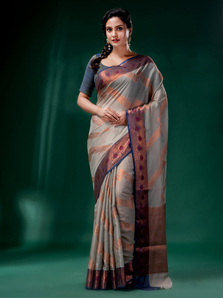 CHARUKRITI Grey Cotton Silk Saree with Woven Design with Unstitched Blouse