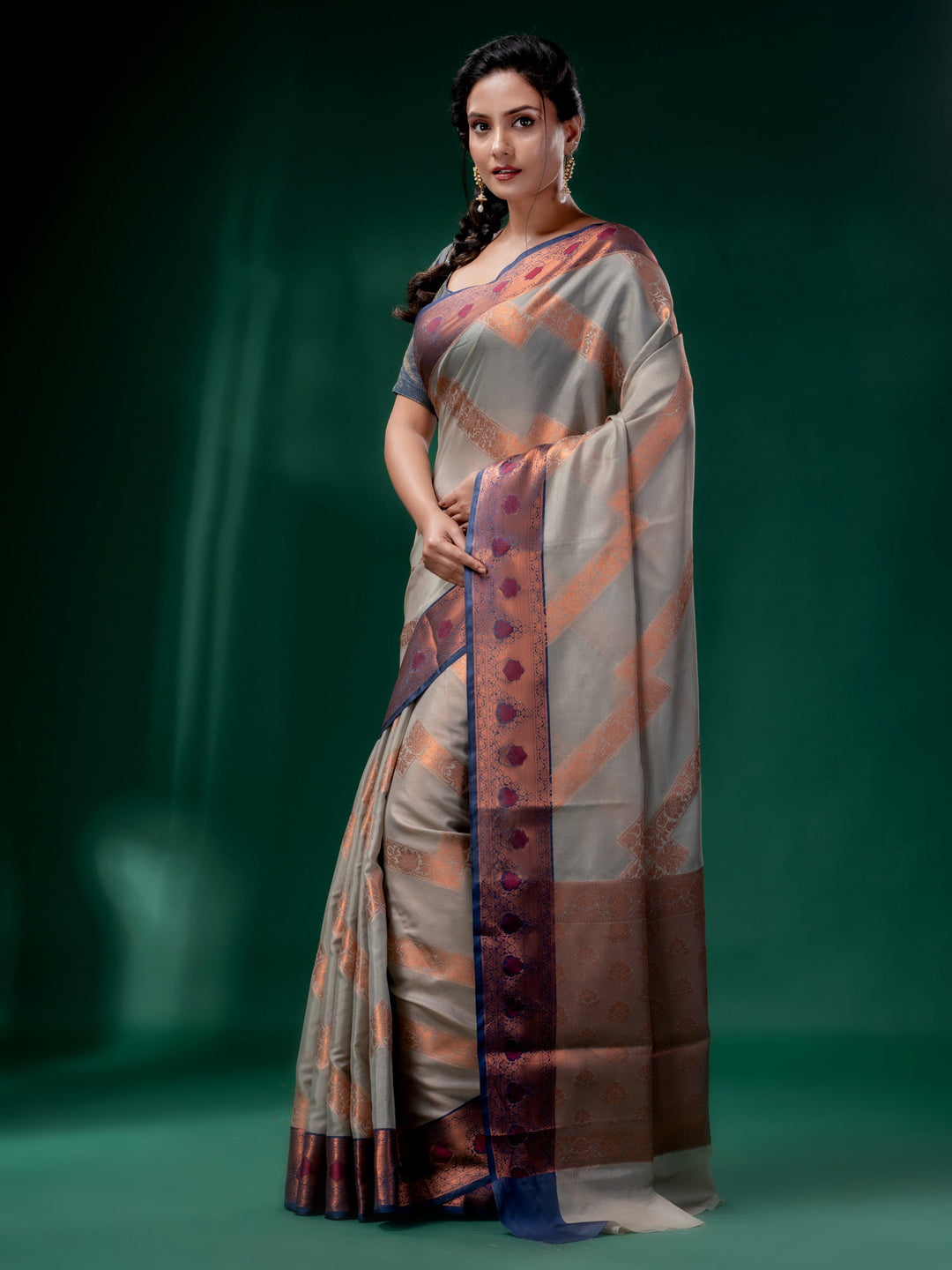 CHARUKRITI Grey Cotton Silk Saree with Woven Design with Unstitched Blouse