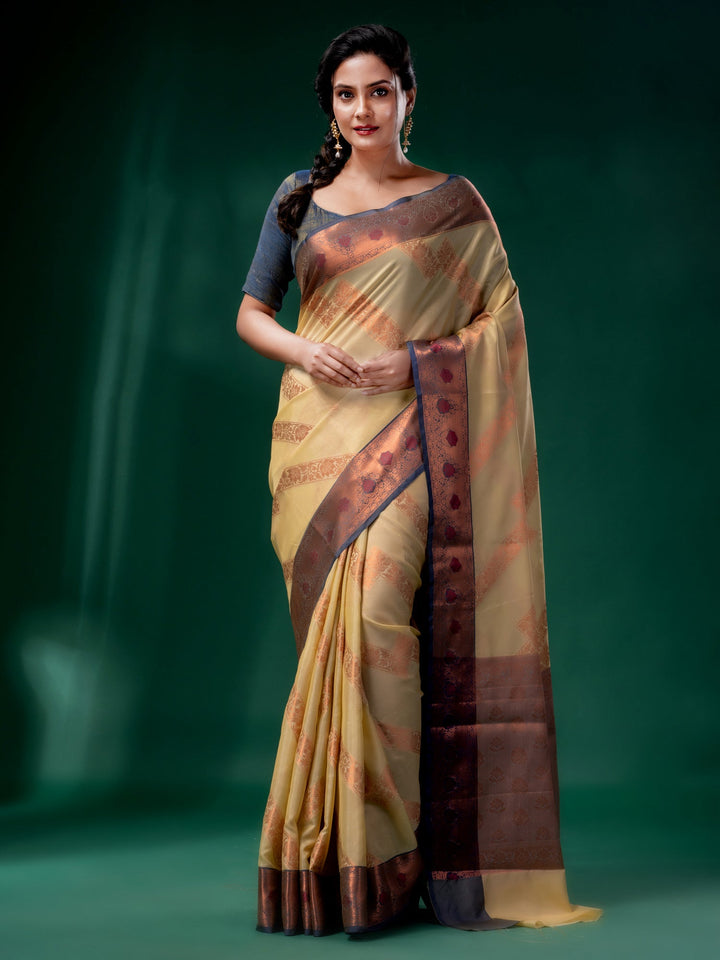 CHARUKRITI Mellow Yellow Cotton Silk Saree with Woven Design with Unstitched Blouse