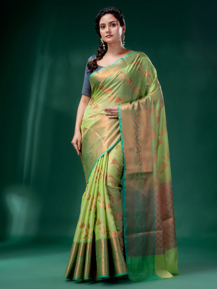 CHARUKRITI Green Cotton Silk Saree with Woven Design with Unstitched Blouse