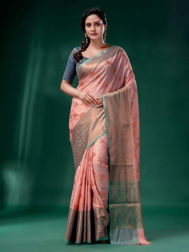CHARUKRITI Pink Cotton Silk Saree with Woven Design with Unstitched Blouse