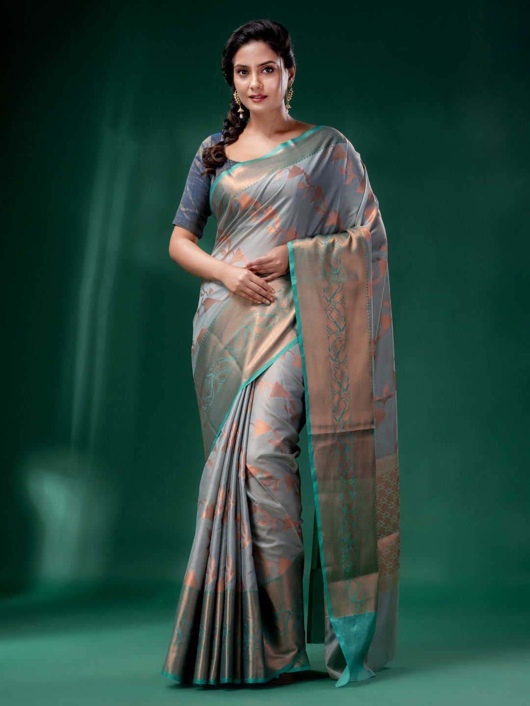 CHARUKRITI Grey Cotton Silk Saree with Woven Design with Unstitched Blouse