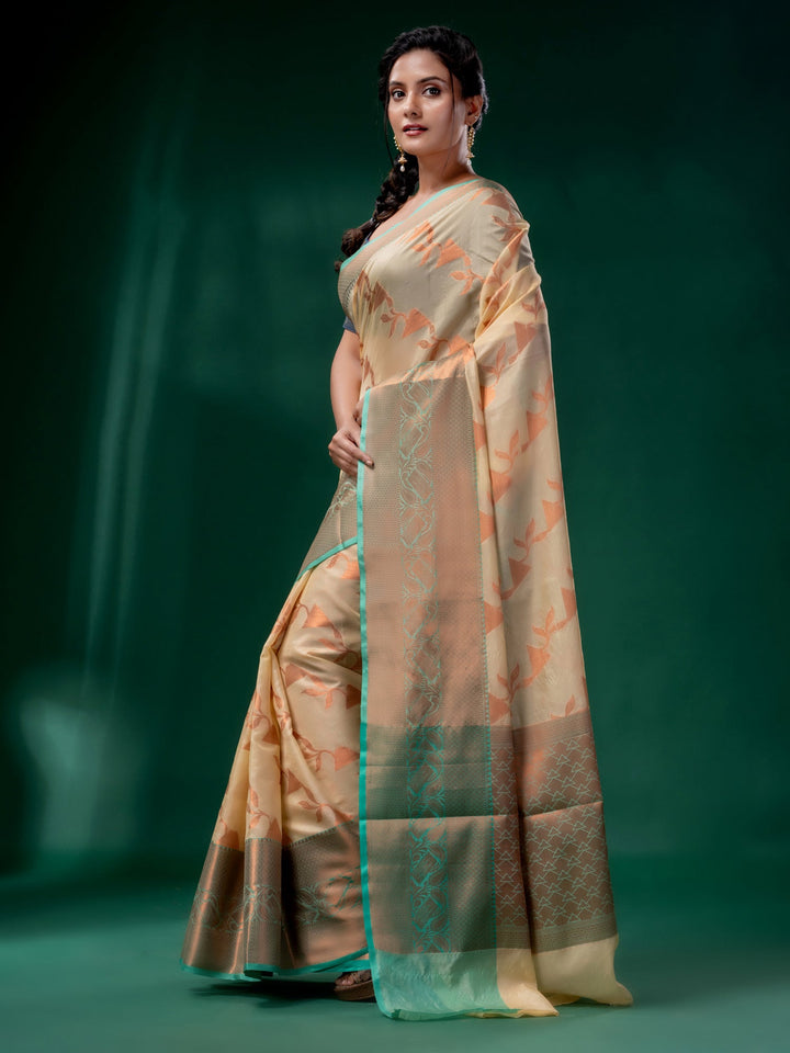 CHARUKRITI Cream Cotton Silk Saree with Woven Design with Unstitched Blouse