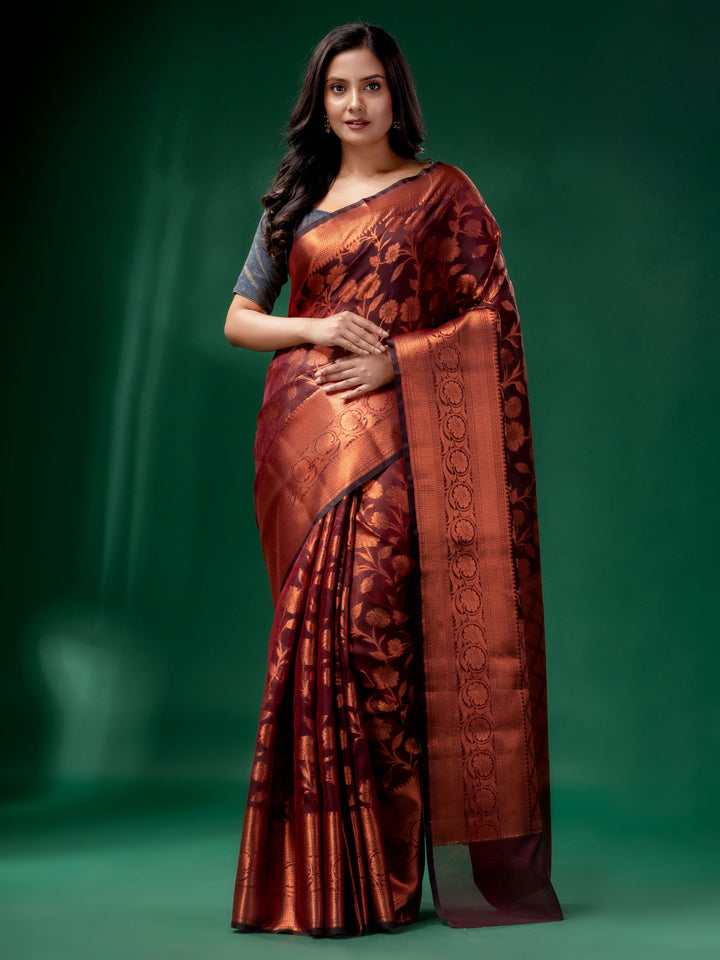 CHARUKRITI Maroon Cotton Silk Saree with Woven Design with Unstitched Blouse