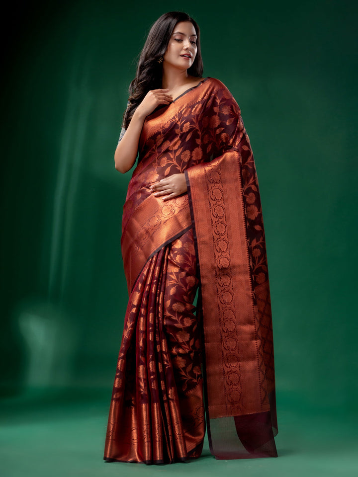 CHARUKRITI Maroon Cotton Silk Saree with Woven Design with Unstitched Blouse