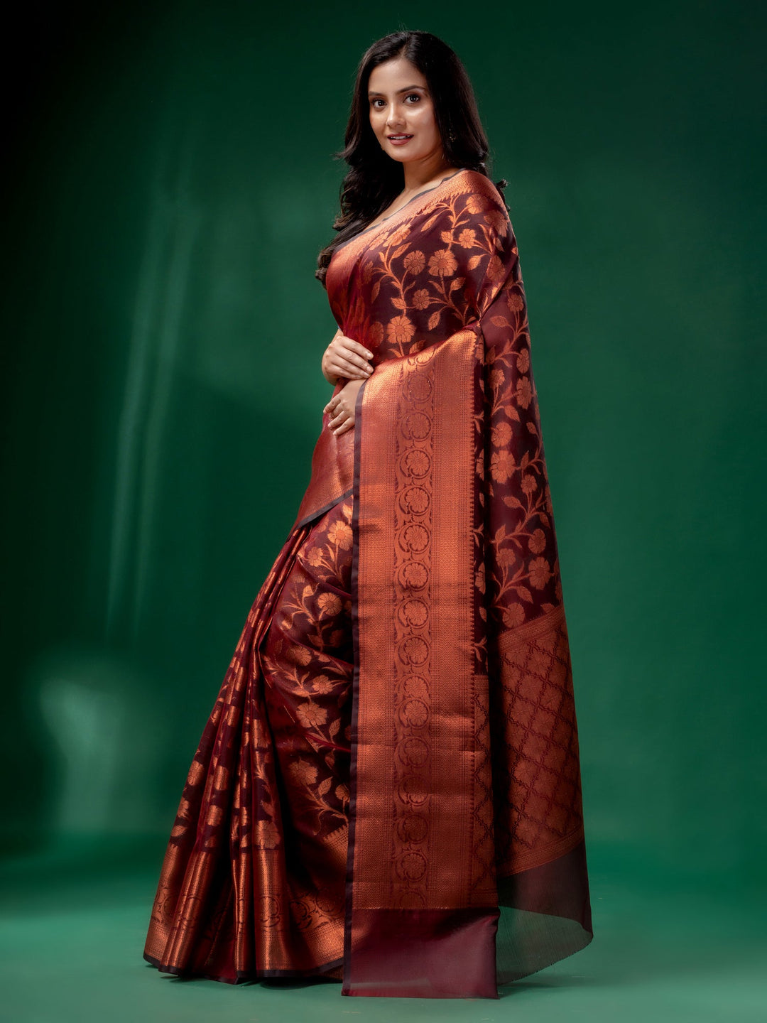 CHARUKRITI Maroon Cotton Silk Saree with Woven Design with Unstitched Blouse