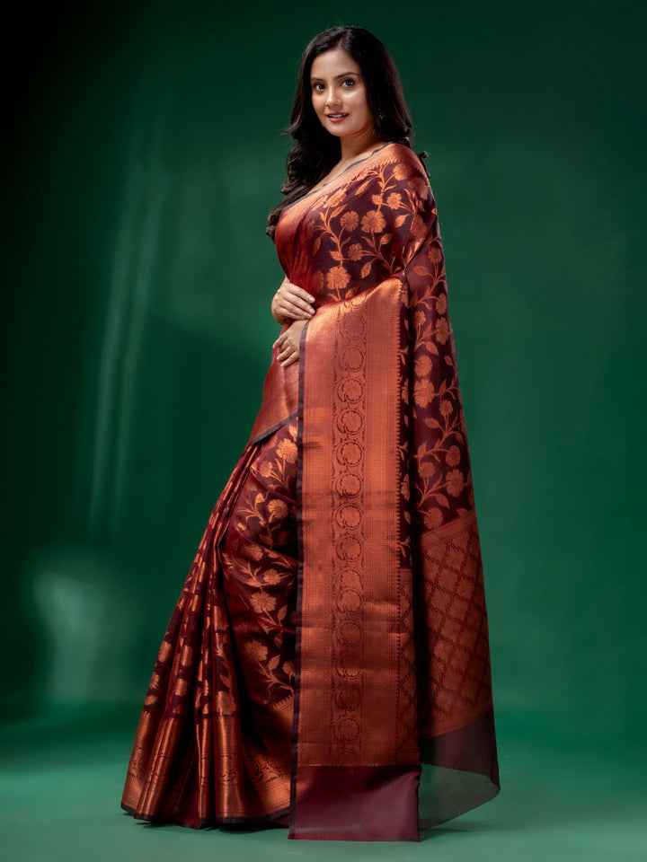 CHARUKRITI Maroon Cotton Silk Saree with Woven Design with Unstitched Blouse