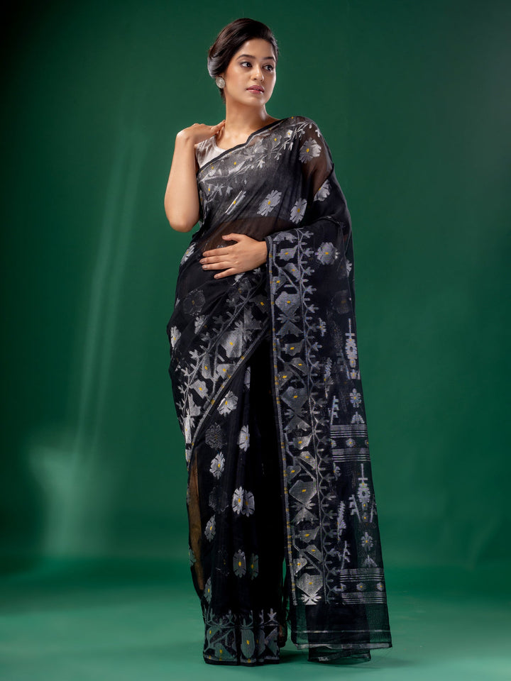 CHARUKRITI Black Cotton Silk Handwoven Soft Jamdani Saree without Blouse