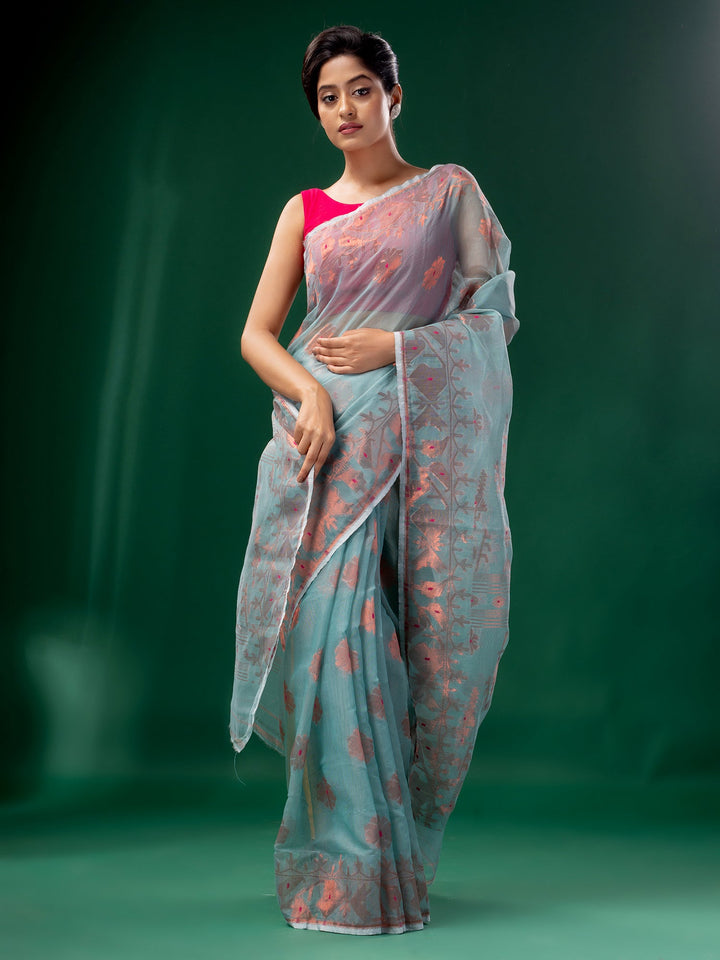 CHARUKRITI Powder Bluue Cotton Silk Handwoven Soft Jamdani Saree without Blouse