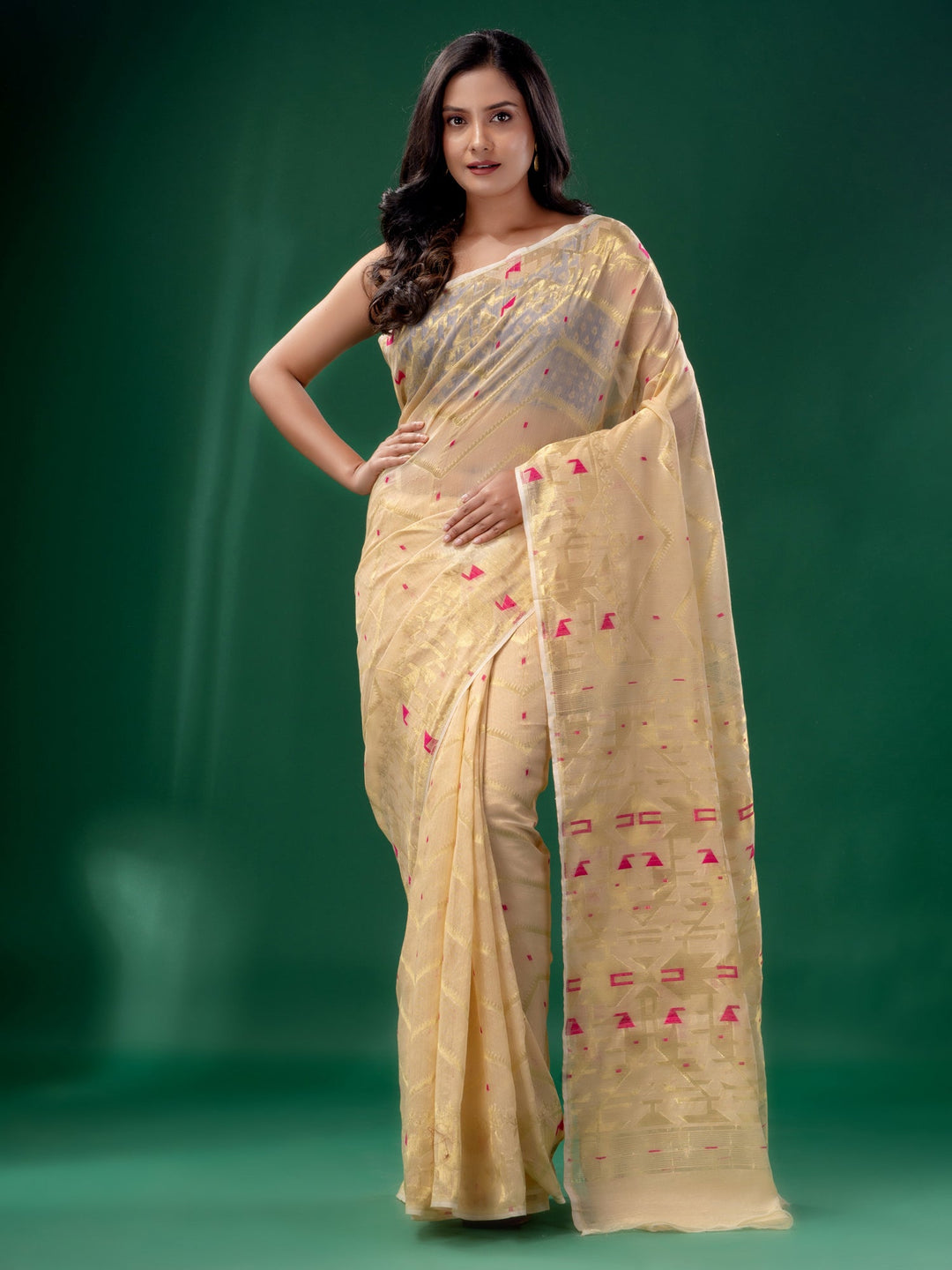 CHARUKRITI Beige Cotton Silk Handwoven Soft Jamdani Saree without Blouse