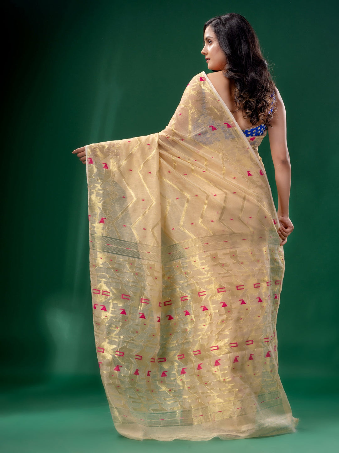 CHARUKRITI Beige Cotton Silk Handwoven Soft Jamdani Saree without Blouse