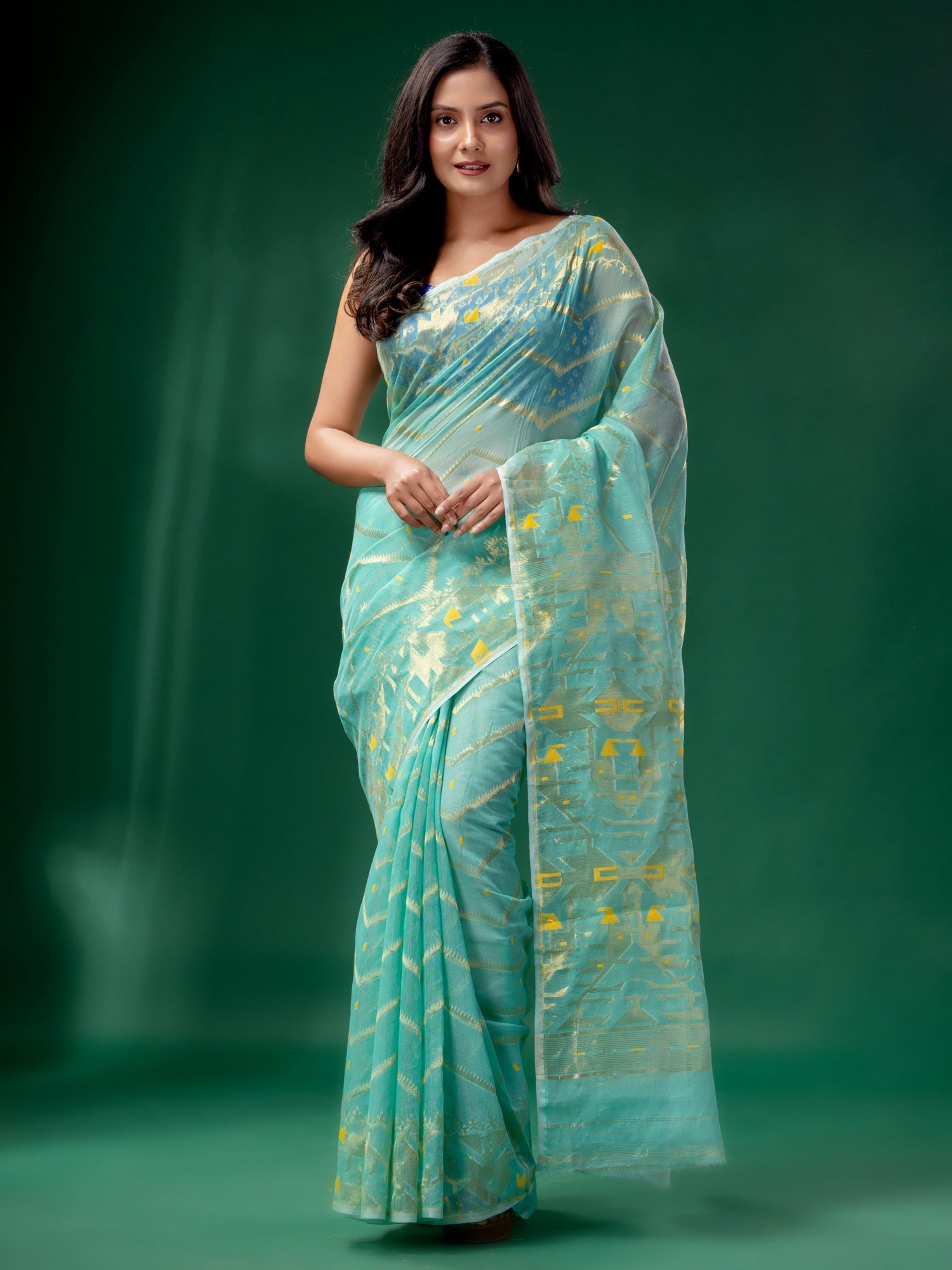 Handloom Cotton Silk Jamdani Saree in Teal Blue and Pink : SUUA29