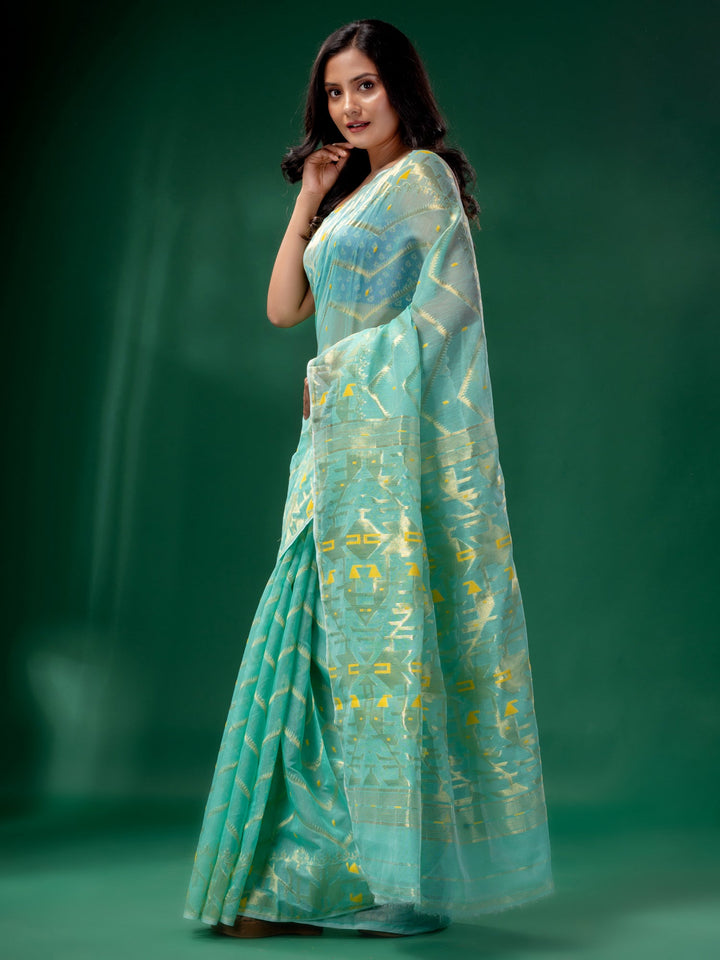 CHARUKRITI Teal Cotton Silk Handwoven Soft Jamdani Saree without Blouse
