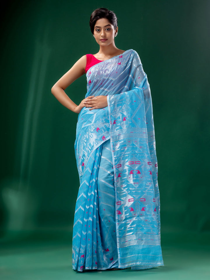 CHARUKRITI Blue Cotton Silk Handwoven Soft Jamdani Saree without Blouse