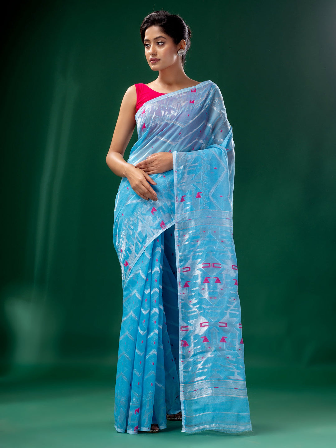 CHARUKRITI Blue Cotton Silk Handwoven Soft Jamdani Saree without Blouse