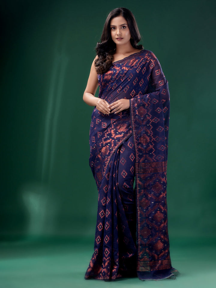 CHARUKRITI Navy Blue Cotton Silk Handwoven Soft Jamdani Saree without Blouse