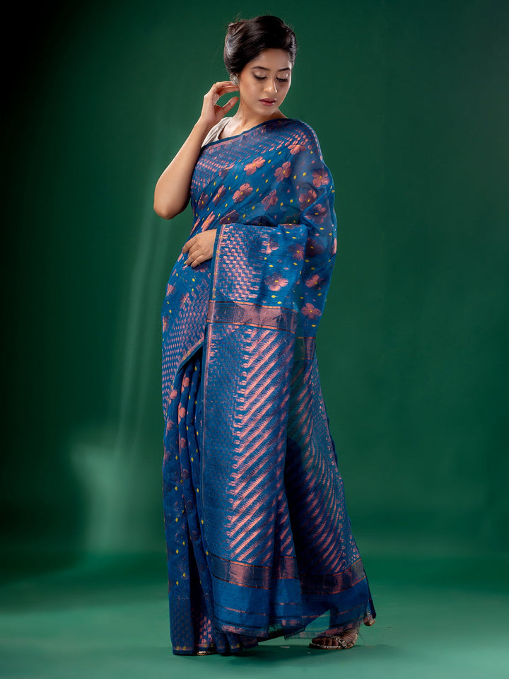 CHARUKRITI Royal Blue Cotton Silk Handwoven Soft Jamdani Saree without Blouse