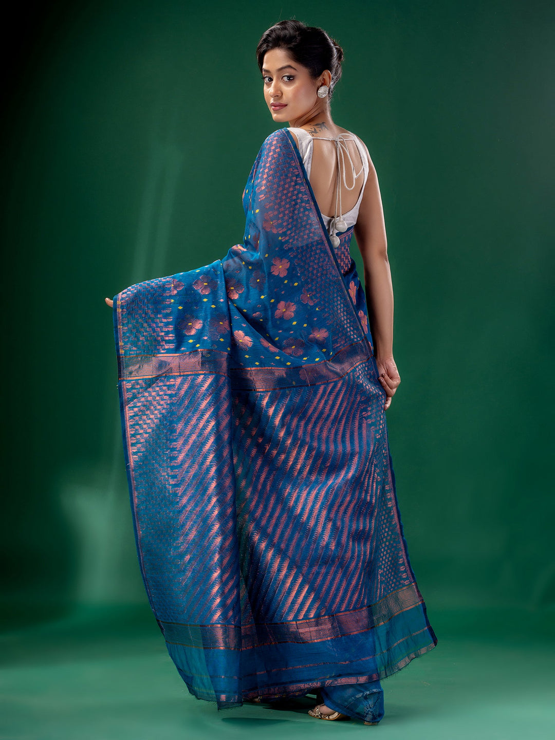 CHARUKRITI Royal Blue Cotton Silk Handwoven Soft Jamdani Saree without Blouse