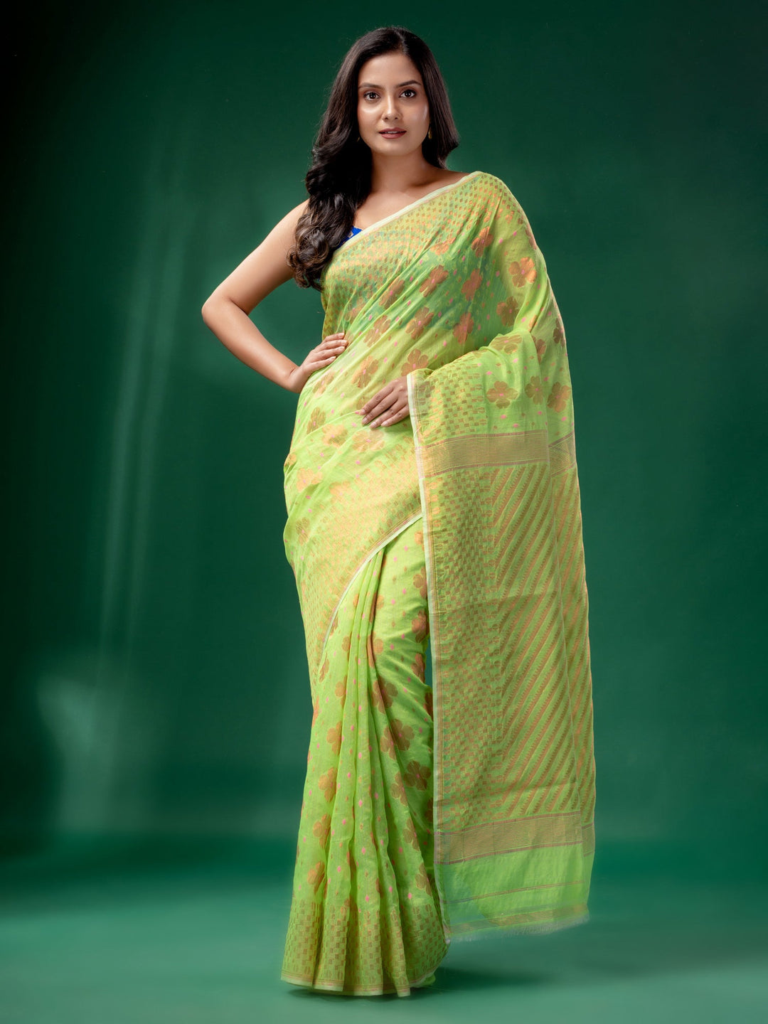 CHARUKRITI Green Cotton Silk Handwoven Soft Jamdani Saree without Blouse
