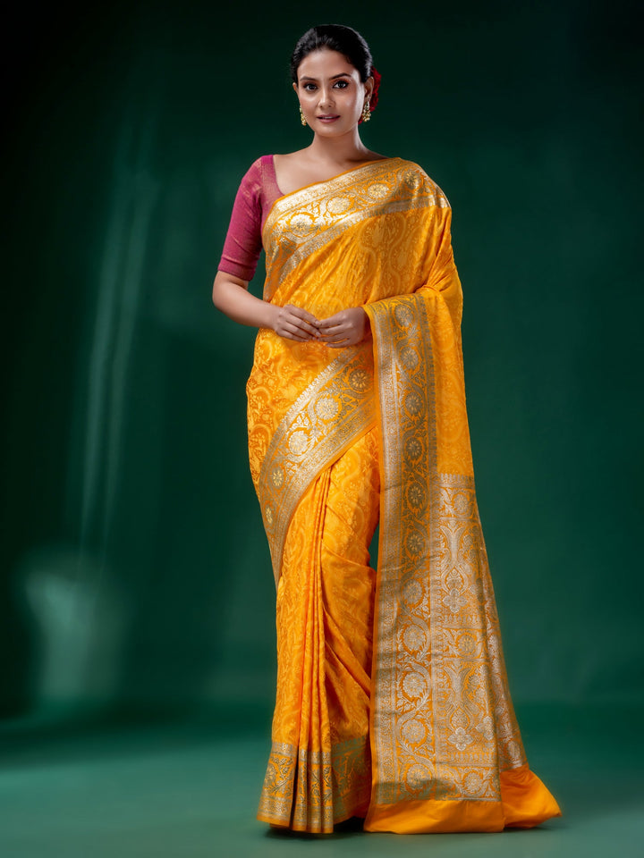 CHARUKRITI Yellow Embross Katan Banarasi Handwoven Saree  with Unstitched Blouse