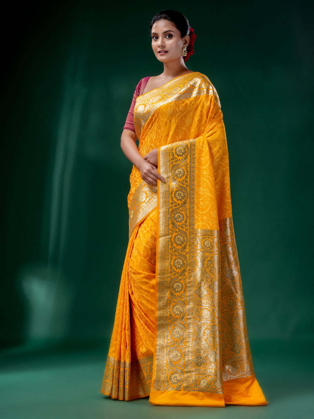 CHARUKRITI Yellow Embross Katan Banarasi Handwoven Saree  with Unstitched Blouse