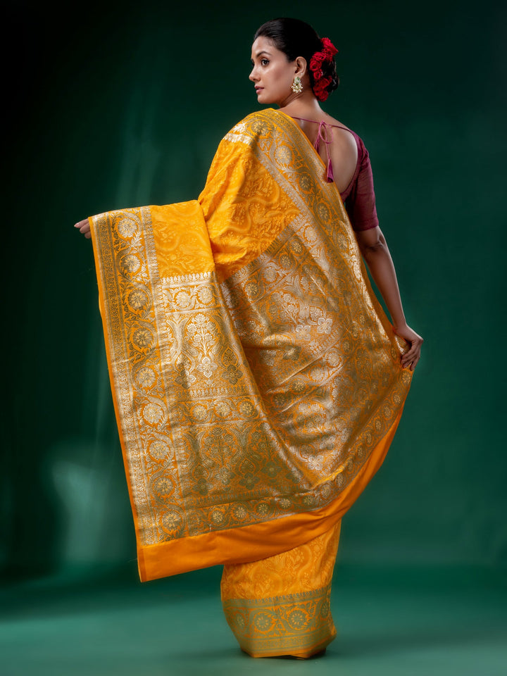 CHARUKRITI Yellow Embross Katan Banarasi Handwoven Saree  with Unstitched Blouse