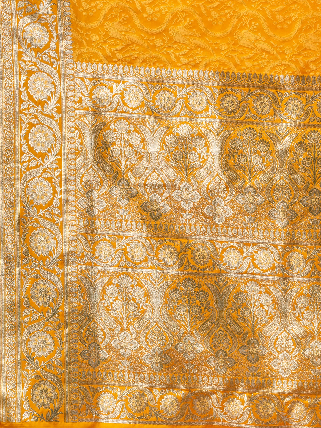 CHARUKRITI Yellow Embross Katan Banarasi Handwoven Saree  with Unstitched Blouse