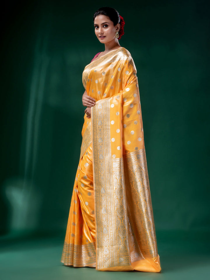 CHARUKRITI Yellow Embross Katan Banarasi Handwoven Saree  with Unstitched Blouse