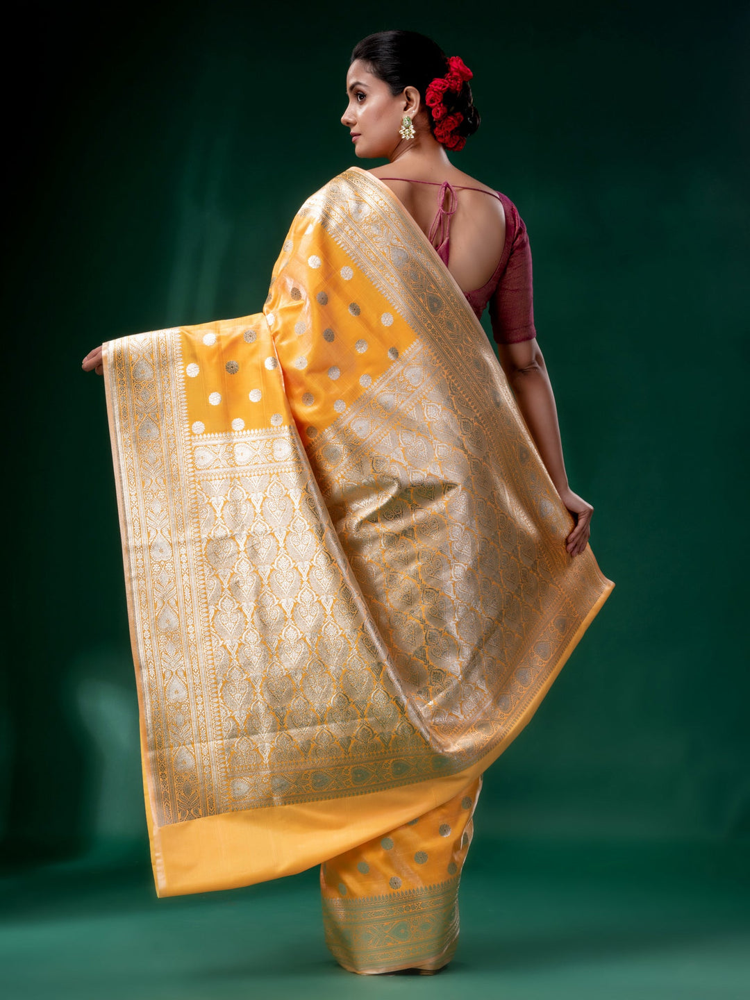 CHARUKRITI Yellow Embross Katan Banarasi Handwoven Saree  with Unstitched Blouse