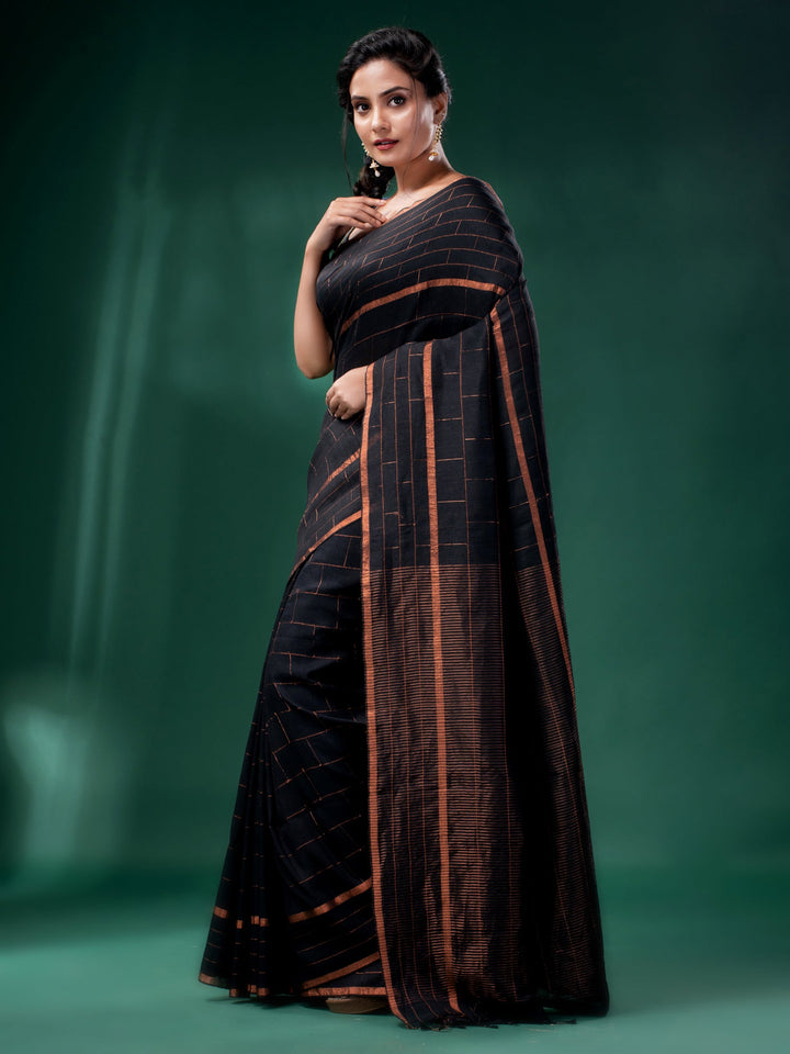 CHARUKRITI Black Linen Handwoven Soft Saree with Unstitched Blouse