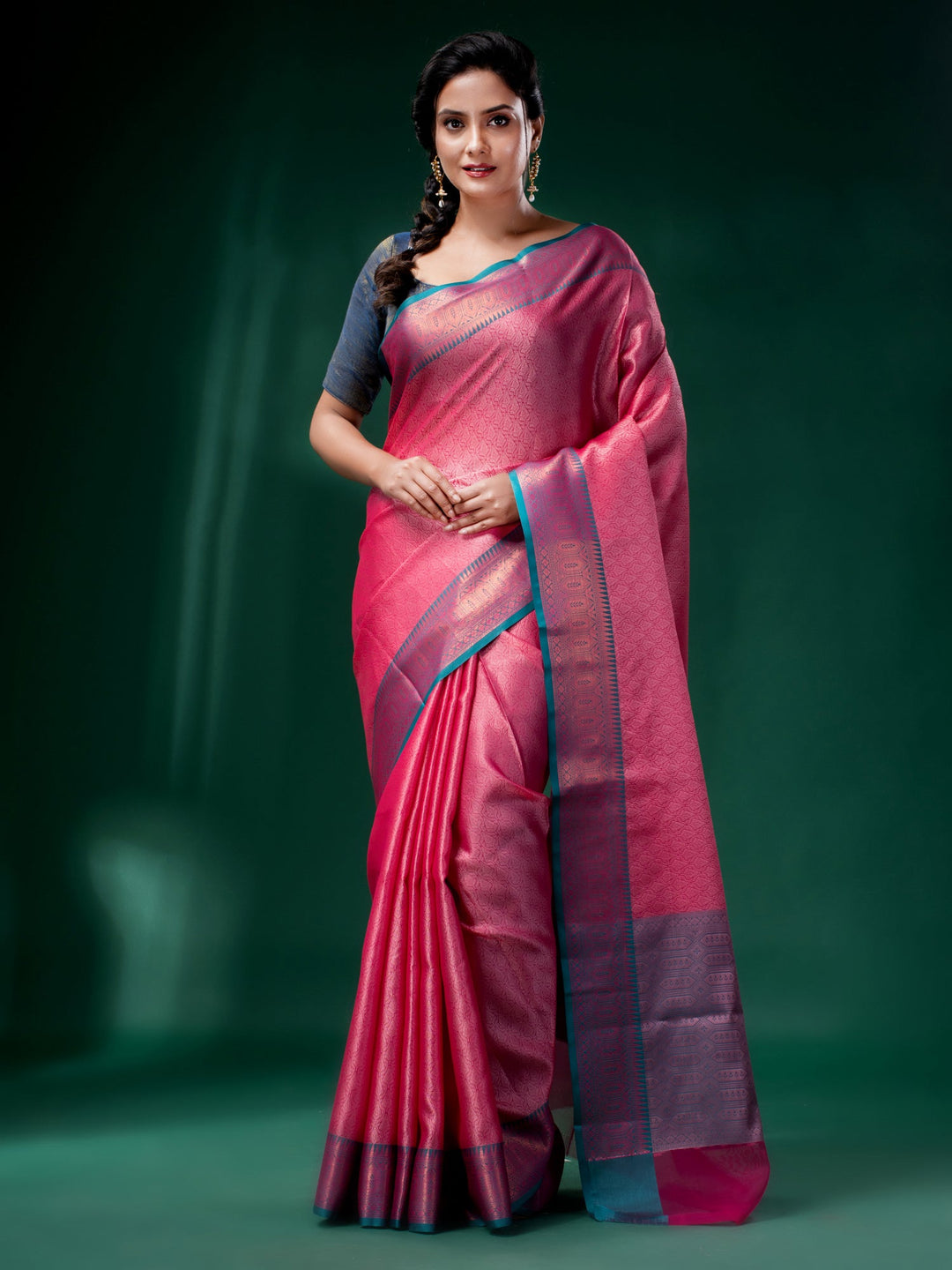 CHARUKRITI Pink Organza Handwoven Soft Saree with Woven Design with Unstitched Blouse