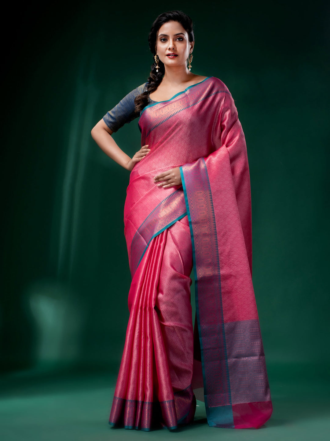 CHARUKRITI Pink Organza Handwoven Soft Saree with Woven Design with Unstitched Blouse