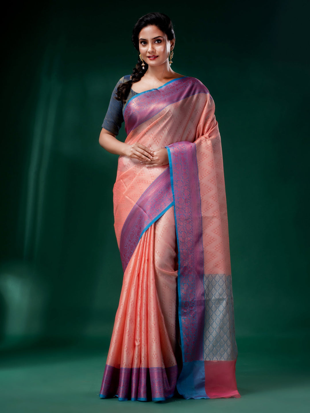 CHARUKRITI Peach Organza Handwoven Soft Saree with Woven Design with Unstitched Blouse