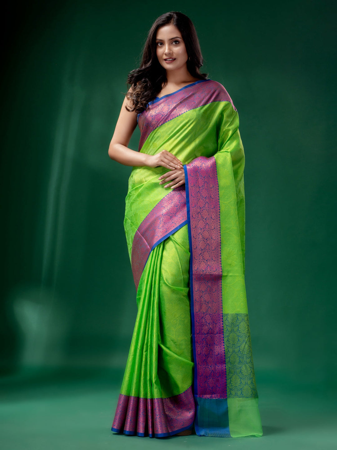 CHARUKRITI Green Organza Handwoven Soft Saree with Woven Design with Unstitched Blouse