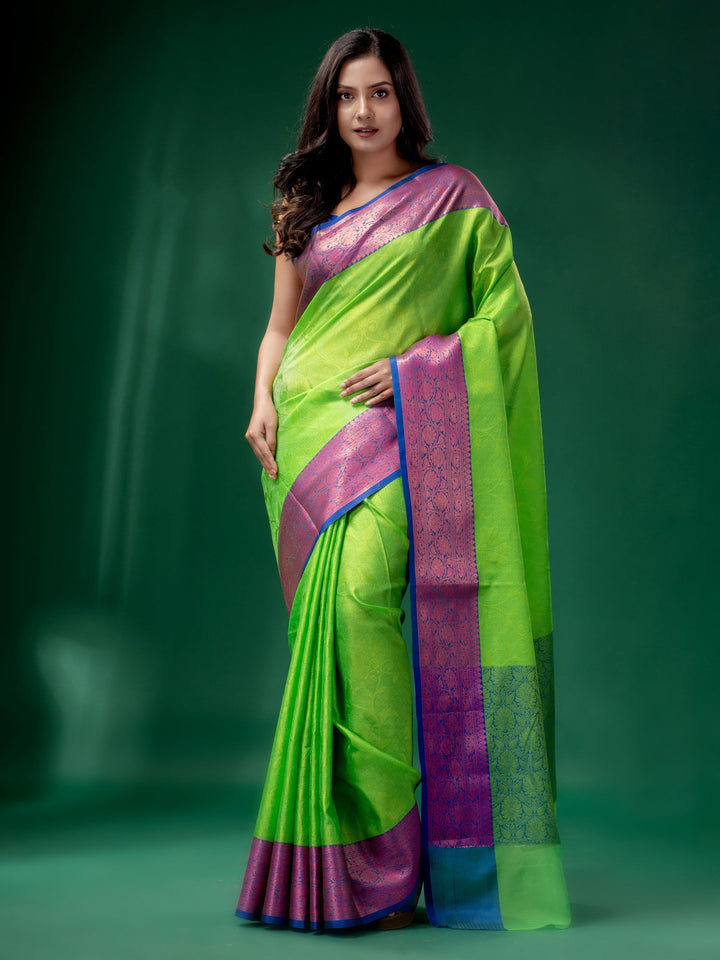 CHARUKRITI Green Organza Handwoven Soft Saree with Woven Design with Unstitched Blouse