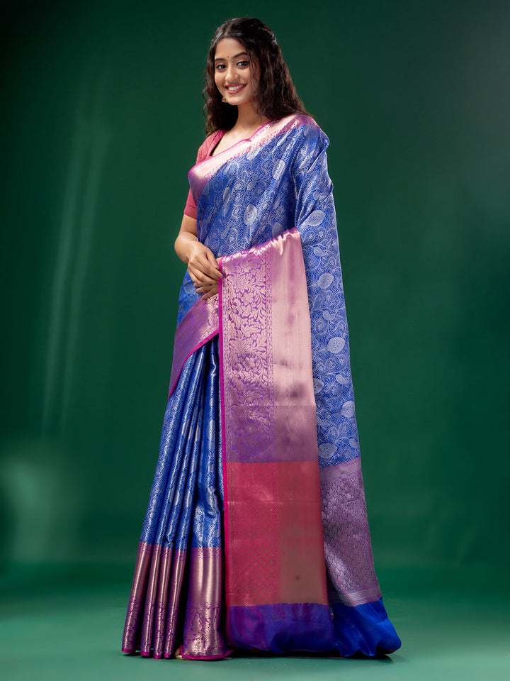 CHARUKRITI Blue Organza Saree with Woven Design with Unstitched Blouse