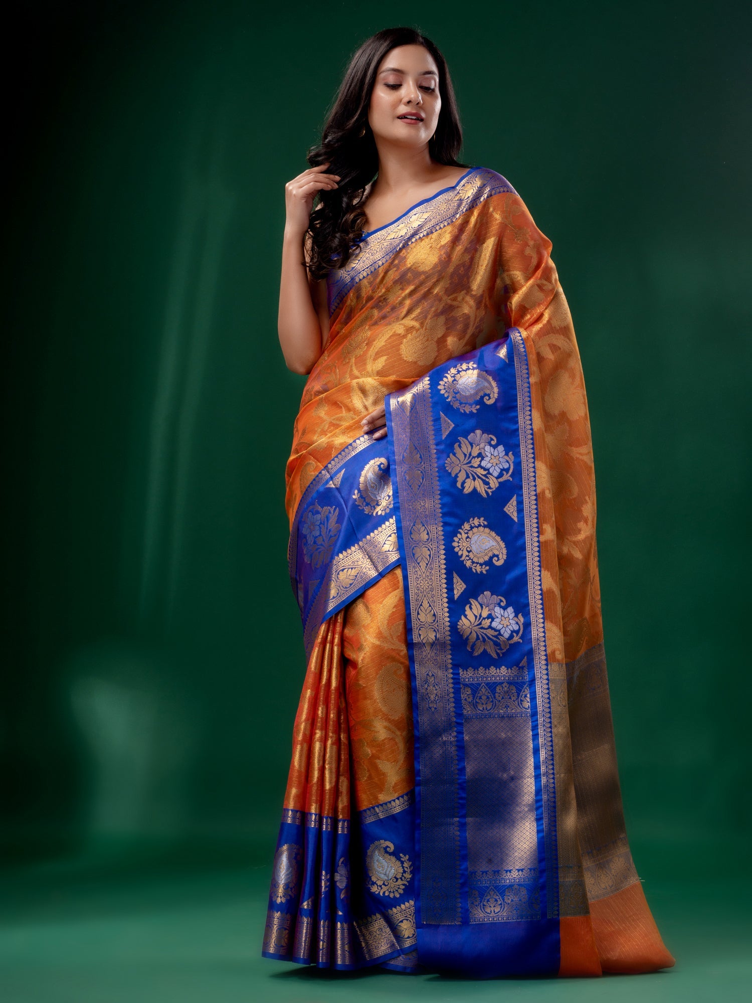 CHARUKRITI Orange Organza Kanjivaram Handwoven Soft Saree with Zari Bo Nykaa Fashion