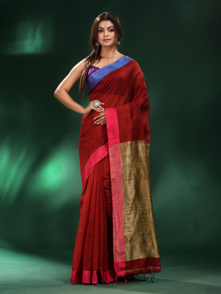 CHARUKRITI Red Cotton Soft Dual Border Saree with Unstitched Blouse