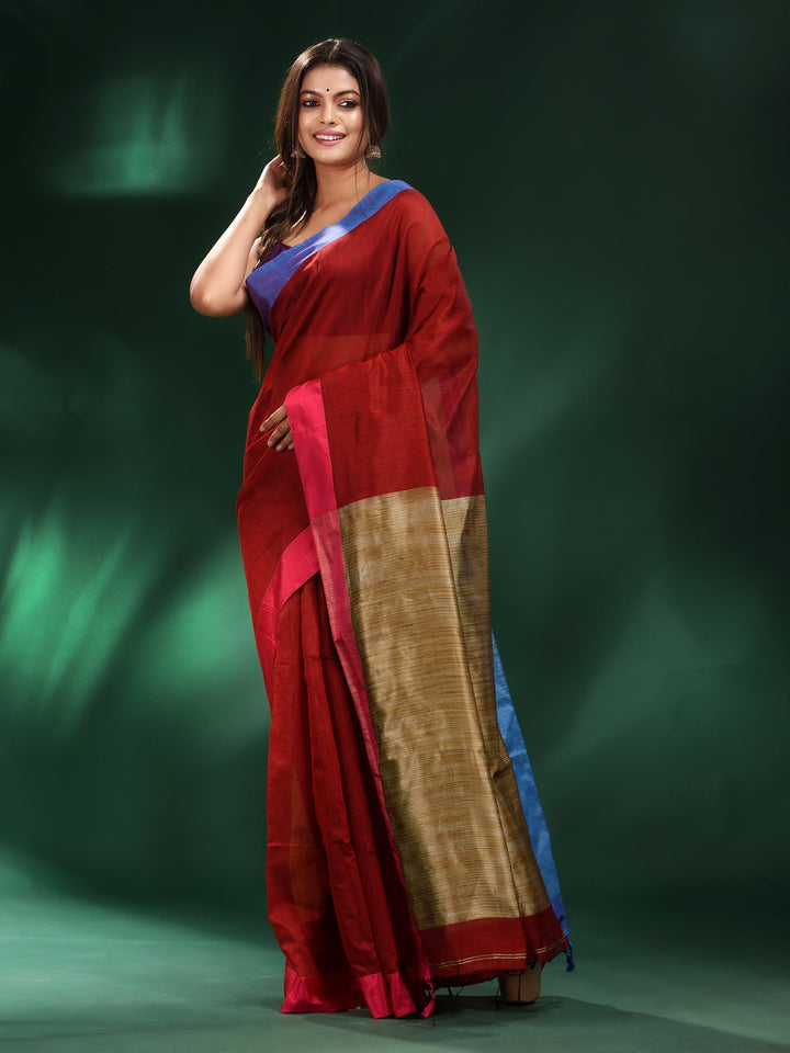 CHARUKRITI Red Cotton Soft Dual Border Saree with Unstitched Blouse